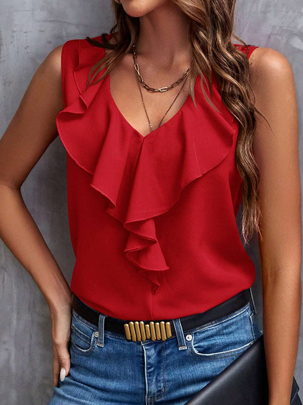 Ruffled Solid Color Loose Sleeveless V-Neck Vest Top