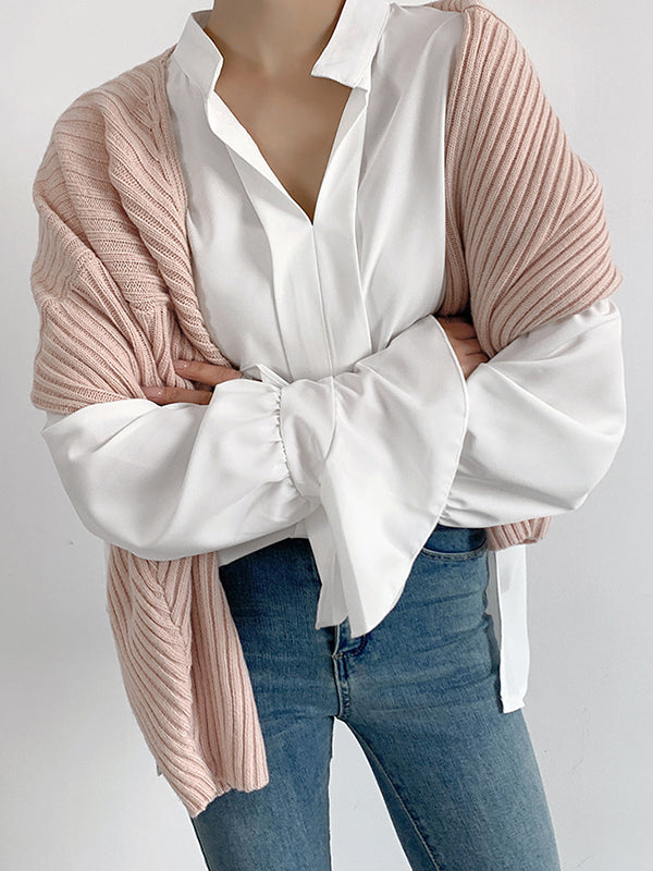 Solid Color Flared Sleeves High-low V-neck Blouses&shirts Tops