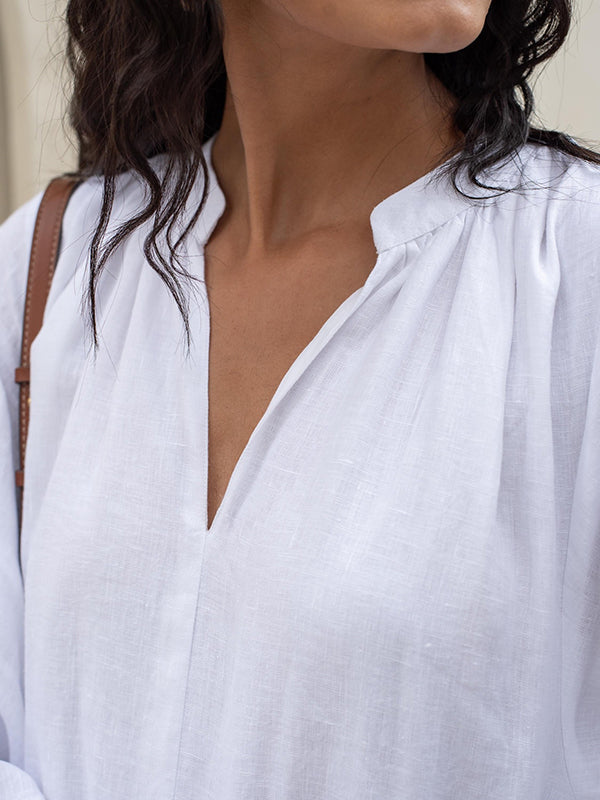 Pleated Solid Color Split-Joint Split-side Long Sleeves Loose Round-neck Shirt Dress Midi Dresses