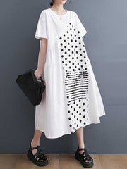 Asymmetric Pockets Polka-Dot Split-Joint A-Line Loose Round-Neck Midi Dresses