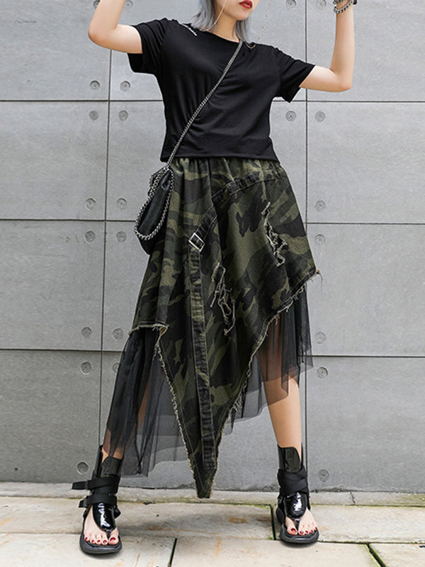 Asymmetric Camouflage Elasticity Fringed Mesh Split-Joint A-Line Loose Skirts Bottoms