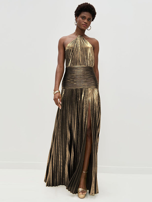 Pleated Shiny Solid Color Split-Side Elasticated Waist Sleeveless Halter-Neck Maxi Dresses