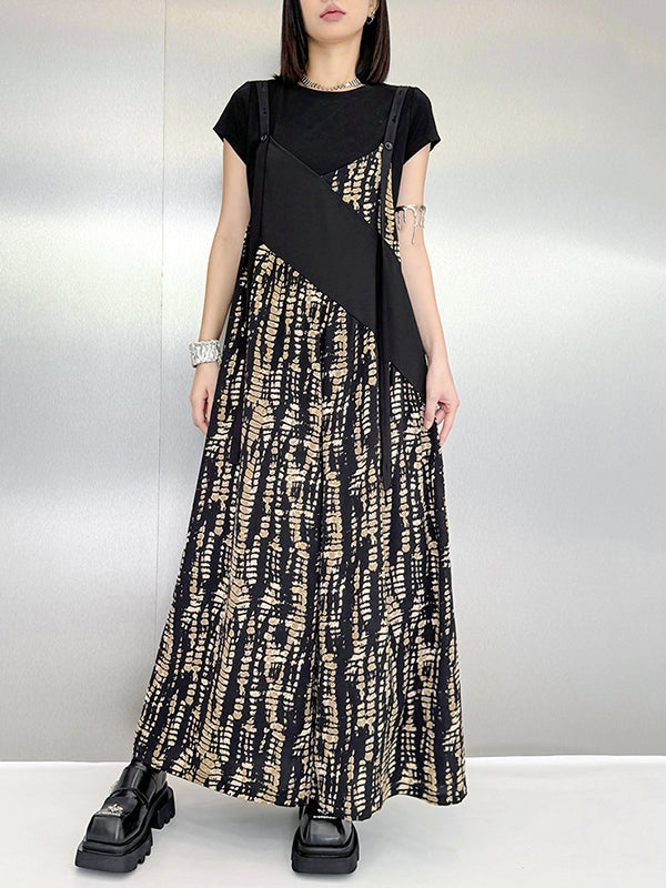 Asymmetric Contrast Color Printed Split-Joint Loose Sleeveless Spaghetti-Neck Overalls