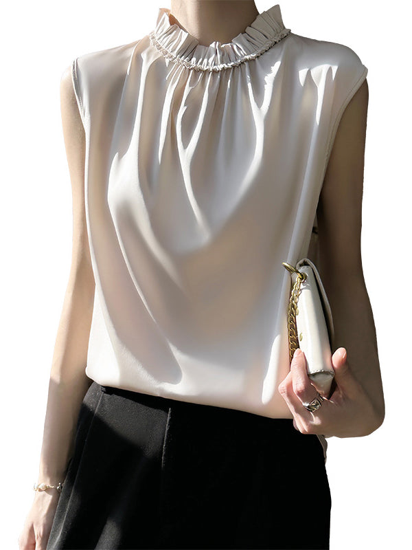Pleated Ruffle Trim Solid Color Loose Sleeveless Stand Collar Vest Top
