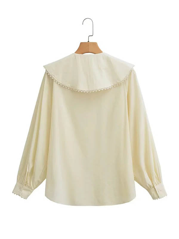 Pleated See-Through Solid Color Split-Joint Loose Puff Sleeves Peter Pan Collar Blouses&Shirts Tops