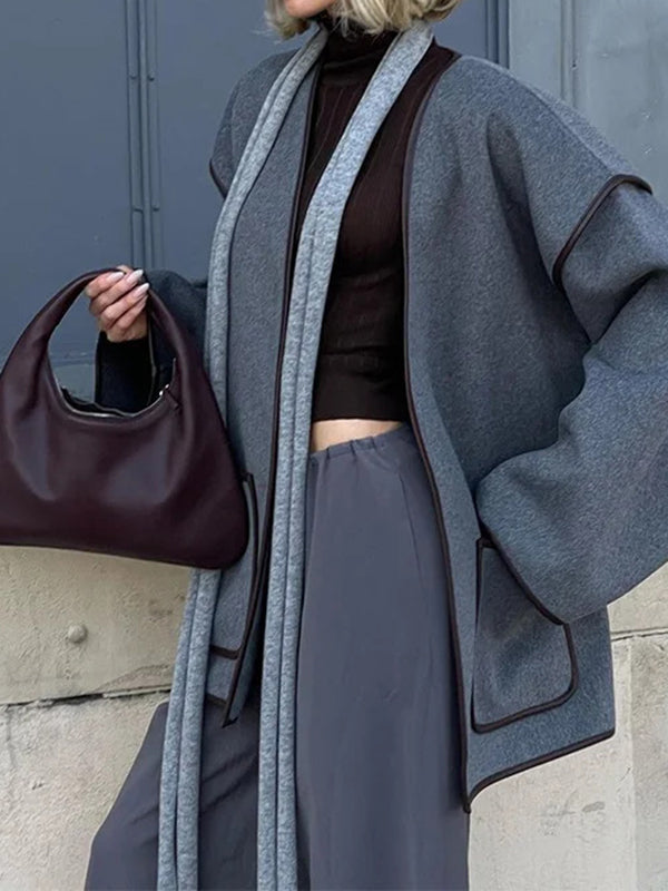 Pockets Solid Color Split-Joint Tied Waist Long Sleeves Loose V-neck Woolen Coat