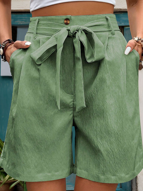 Buttoned Elasticity Pleated Pockets Tied Waist High Waisted Loose Shorts Bottoms