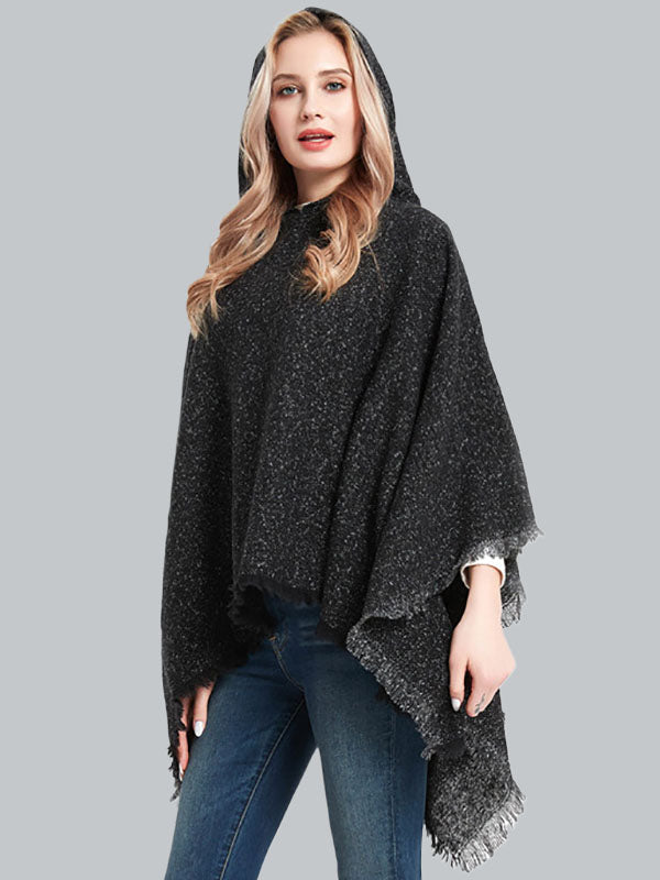 Fringed Hooded Keep Warm Solid Color Shawl&Cloak Cape