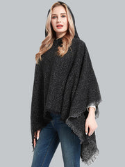 Fringed Hooded Keep Warm Solid Color Shawl&Cloak Cape