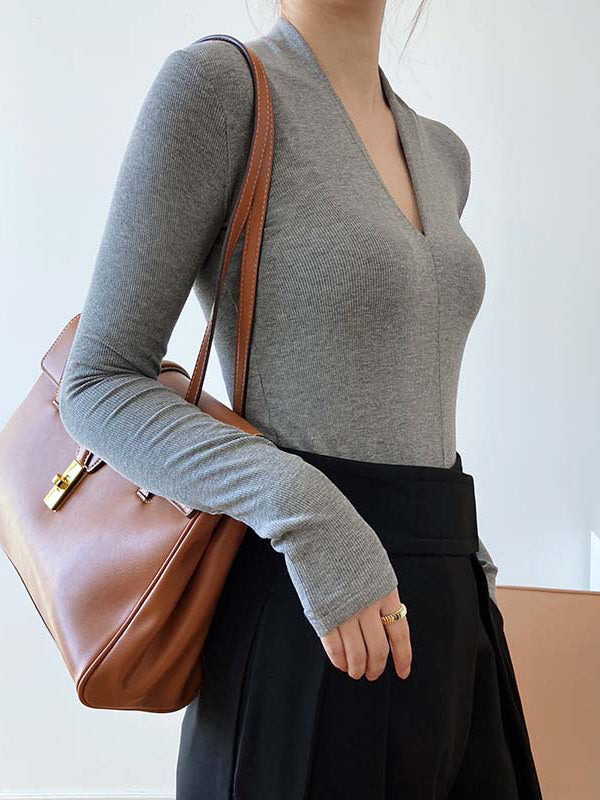 Solid Color Long Sleeves Skinny V-Neck T-Shirts Tops