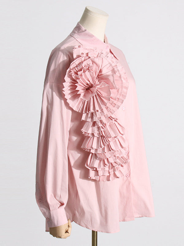 Asymmetric Buttoned Pleated Solid Color Split-Joint Three-Dimensional Flower Long Sleeves Loose Lapel Blouses&Shirts Tops
