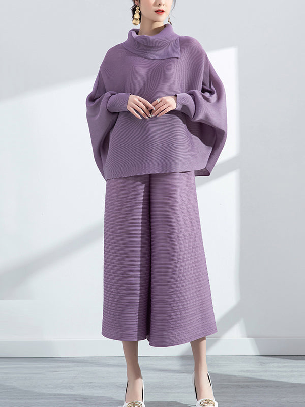 Simple Loose Long Sleeves Pleated Solid Color High-Neck T-Shirt Top&Wide Legs Pants Two Pieces Set