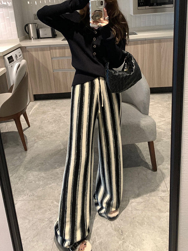 Contrast Color Drawstring Elasticity Split-Joint Striped Loose Wide Leg Trousers Pants