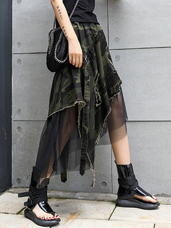 Asymmetric Camouflage Elasticity Fringed Mesh Split-Joint A-Line Loose Skirts Bottoms