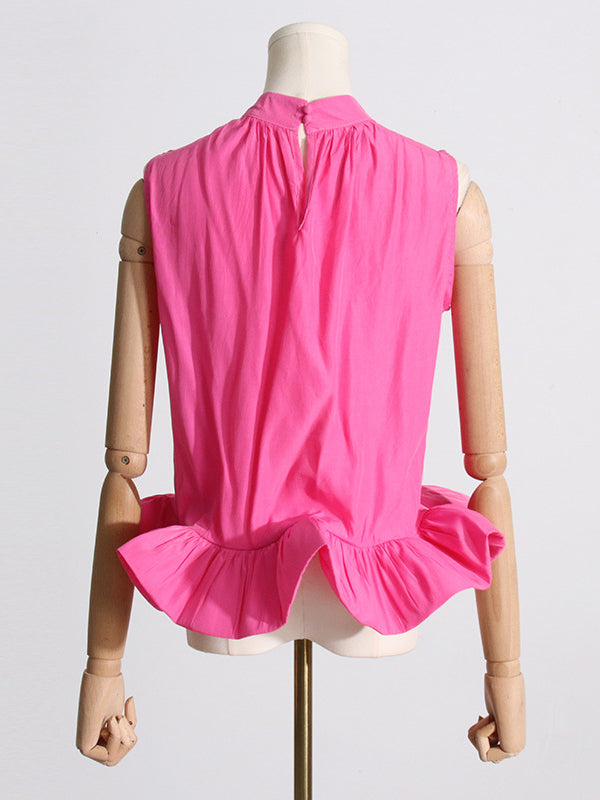 Pleated Ruffled Solid Color High Waisted High-Low Mock Neck Two Pieces Set