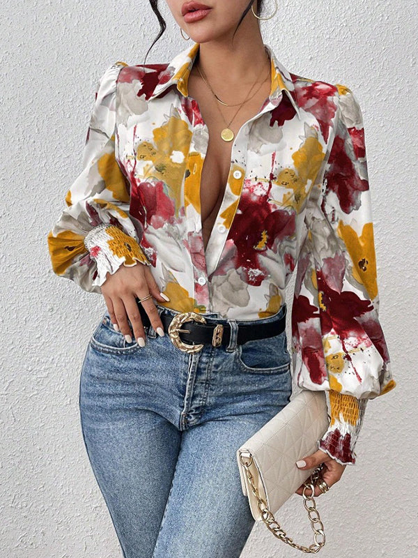Buttoned Elasticity Flower Print Pleated Long Sleeves Loose Lapel Blouses&Shirts Tops