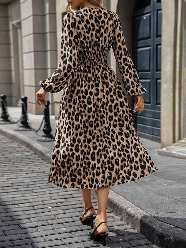 Contrast Color Leopard Pleated Split-Joint Elasticated Waist High Waisted V-Neck Maxi Dresses
