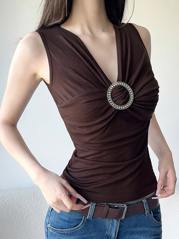 Pleated Solid Color Sleeveless V-Neck Vest Top