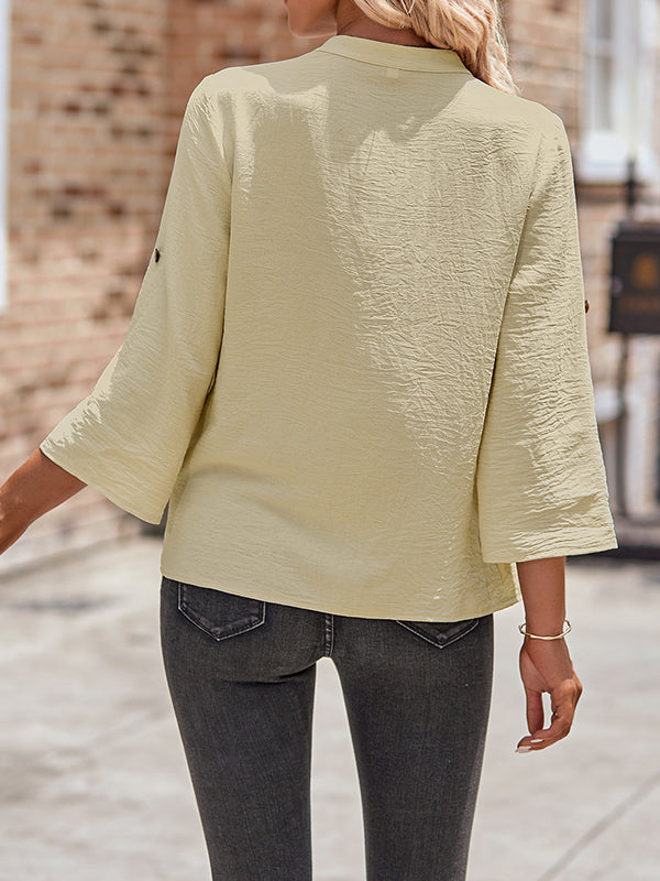 Asymmetric Buttoned Solid Color Long Sleeves Loose V-Neck Blouses&Shirts Tops