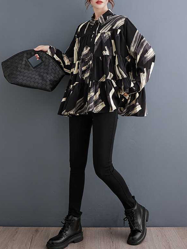 Pleated Printed Split-Joint Long Sleeves Loose Lapel Blouses