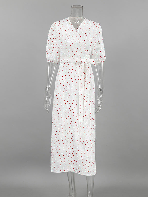 Elasticity Heart Print Jacquard Polka-Dot Split-Joint Tied Waist A-Line High Waisted V-Neck Midi Dresses