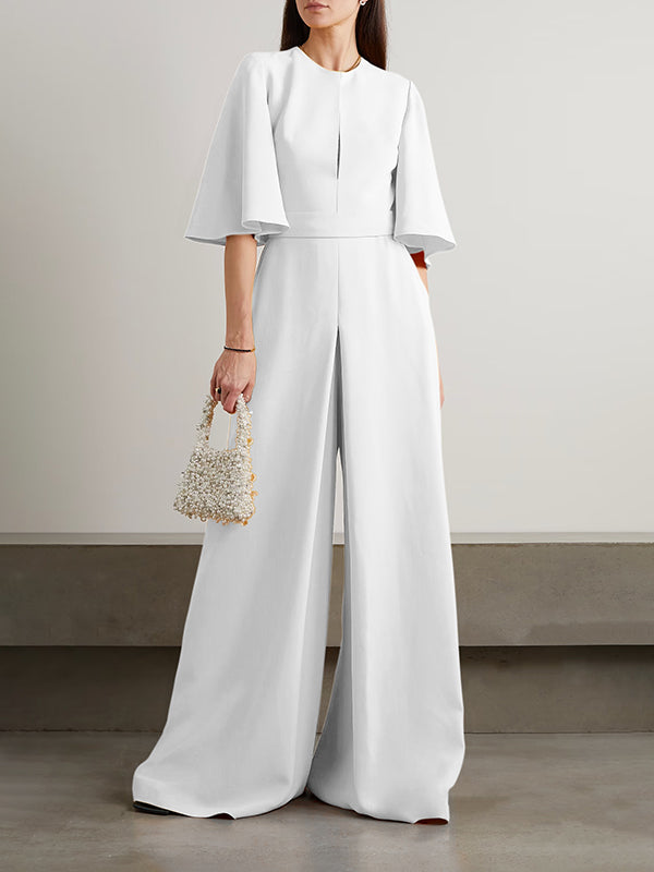 Loose Short Sleeves Solid Color Round-Neck Jumpsuits