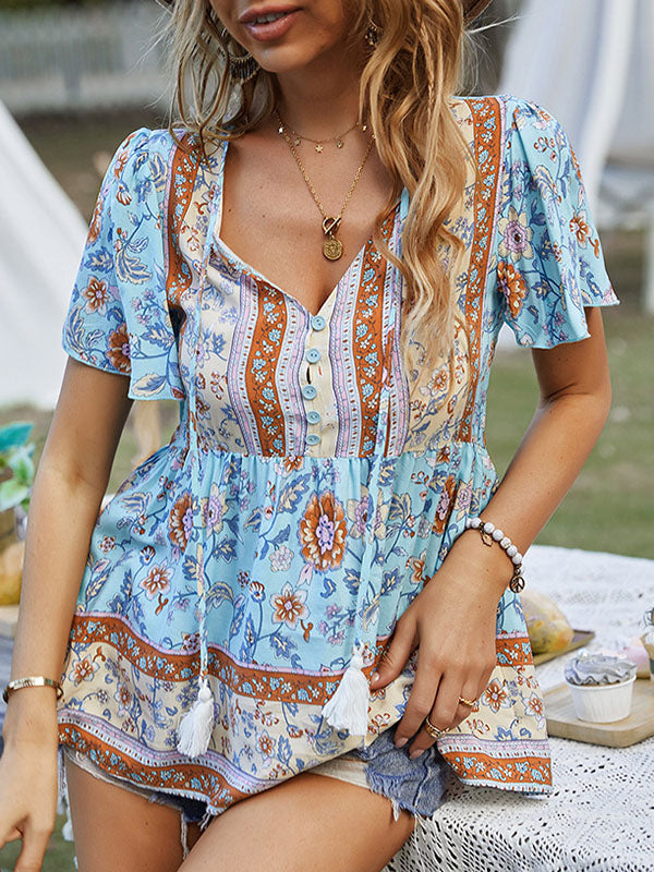 Buttoned Flower Print Split-Joint Tasseled Tied Loose Short Sleeves V-Neck T-Shirts Tops