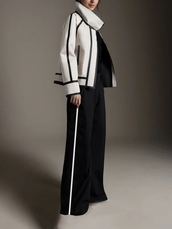 Contrast Color Pockets Split-Joint Long Sleeves Loose Stand Collar Outerwear