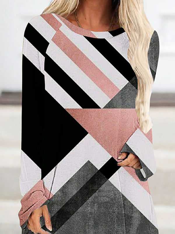 Plaid Printed High-low Long Sleeves Round-neck T-Shirts Tops