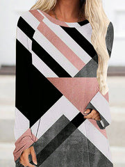 Plaid Printed High-low Long Sleeves Round-neck T-Shirts Tops