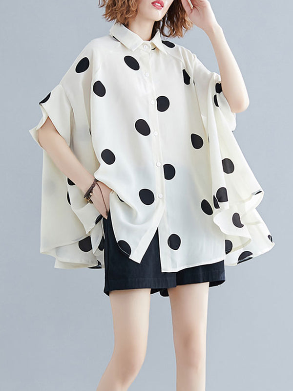 Polka-Dot Batwing Sleeves Loose Lapel Blouses&shirts Tops