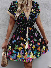 Butterfly Print Elasticity Hollow Polka-Dot Split-Joint Tasseled Tied Waist A-line Loose V-neck Mini Dresses