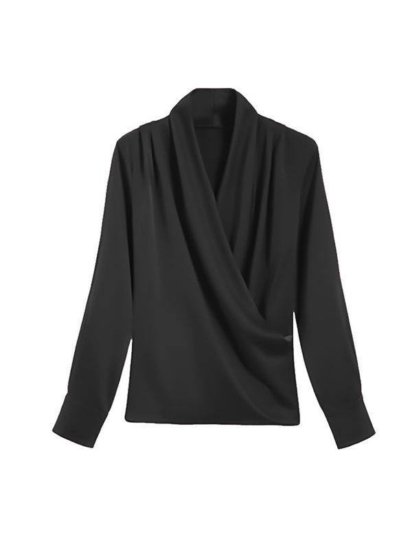 Buttoned Solid Color Long Sleeves Loose V-Neck Blouses&Shirts Tops