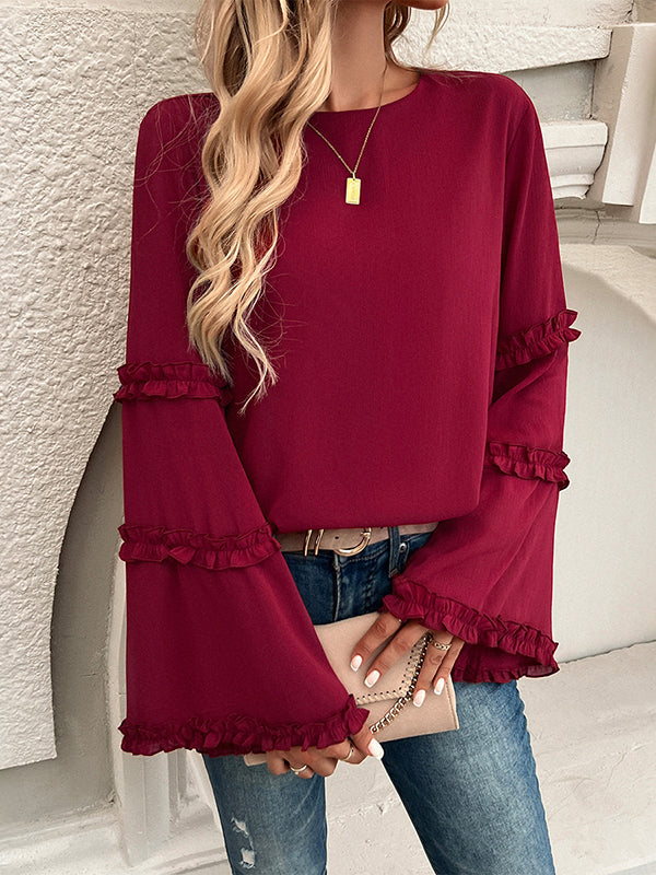 Solid Color Split-Joint Flared Sleeves Long Sleeves Round-Neck T-Shirts Tops