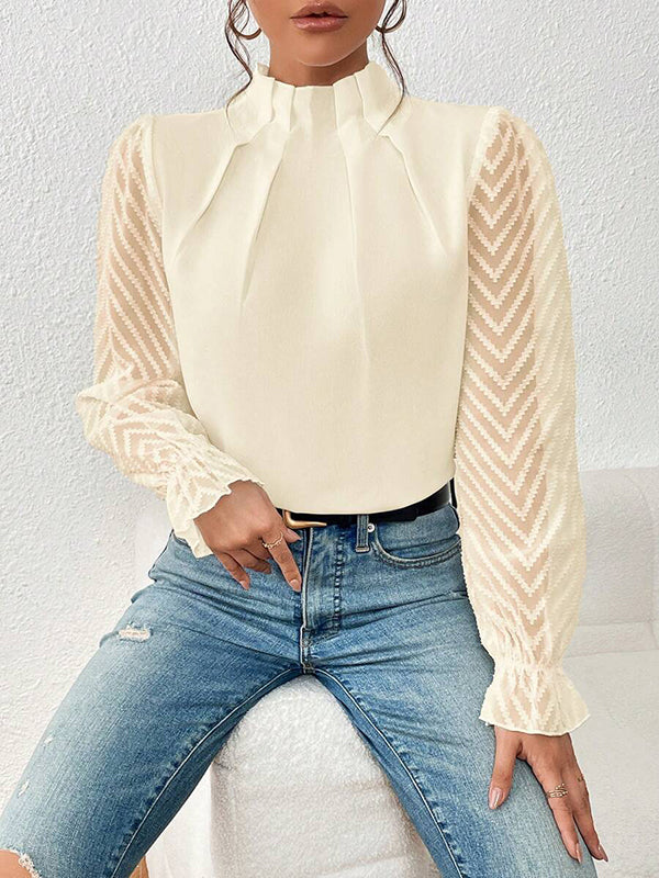 Elasticity Mesh Pleated Solid Color Long Sleeves Loose Mock Neck Blouses&Shirts Tops