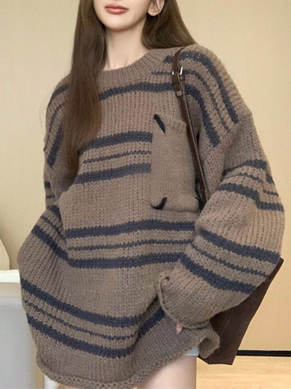 Split-Joint Striped Long Sleeves Loose Round-Neck Sweater