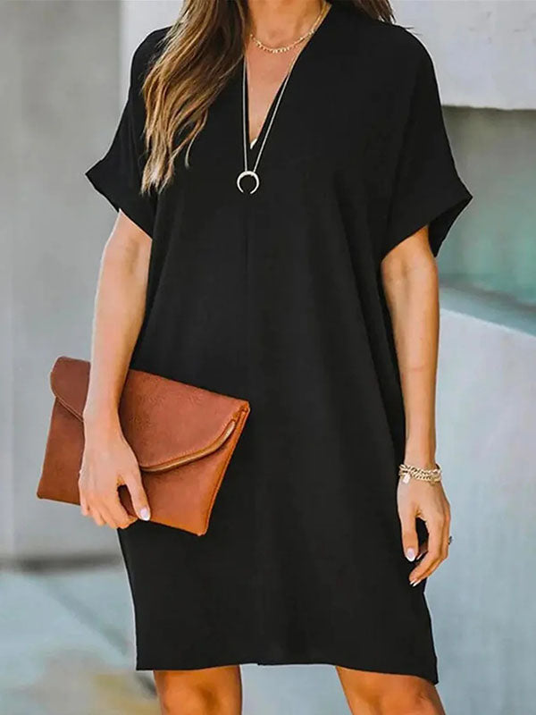 Loose Short Sleeves Butterfly Hollow Solid Color V-Neck Mini Dresses