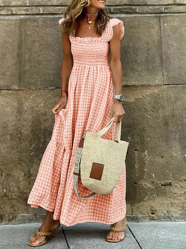 Elasticity Plaid Pleated Split-Joint Loose Sleeveless Square-Neck Maxi Dresses