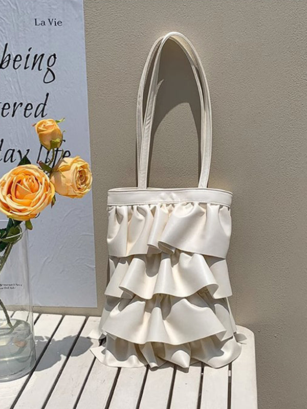 Layered Pleated Pockets Solid Color Zipper Handbags