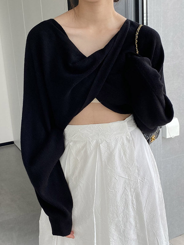Knot Solid Color Batwing Sleeves Long Sleeves V-Neck Sweater Tops Pullovers