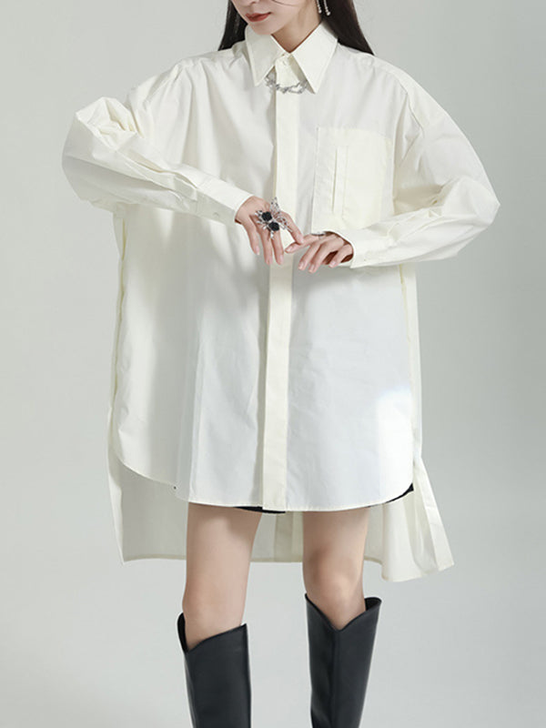 Solid Color Split-side High-low Irregular clipping Lapel Shirts Tops