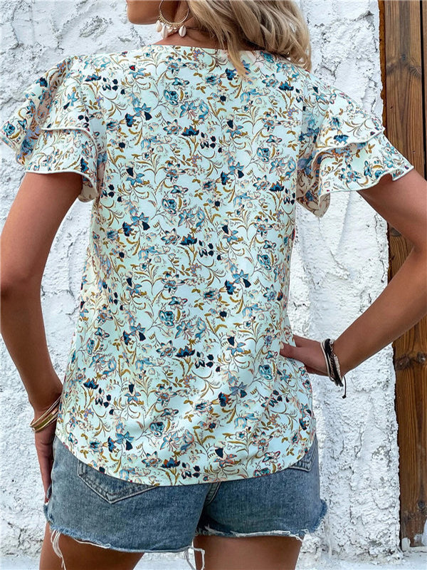 Falbala Floral Printed Split-Joint Loose Petal Sleeves V-Neck T-Shirts Tops