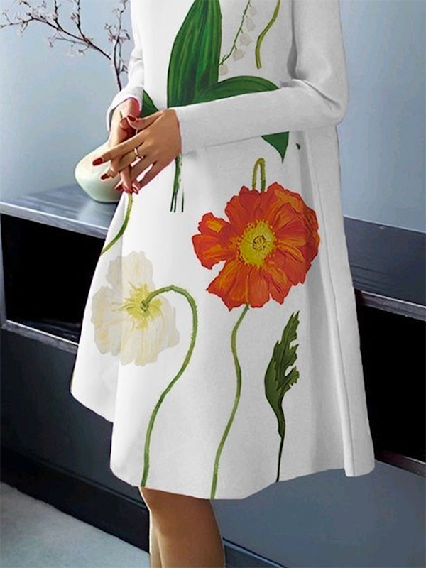 Flower Print Long Sleeves Loose High Neck Midi Dresses