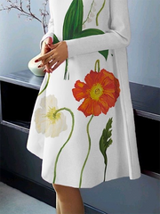 Flower Print Long Sleeves Loose High Neck Midi Dresses