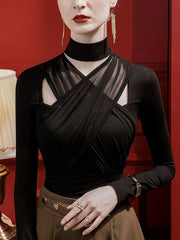 Hollow Pleated Solid Color Split-Joint Long Sleeves Plus Size High Neck T-Shirts Tops