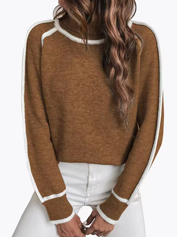 Contrast Color Split-Joint Long Sleeves Loose High Neck Sweater Tops