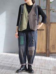 Loose Split-Joint V-Neck Vest Top + Jean Harem Pants Bottoms  Two Pieces Set