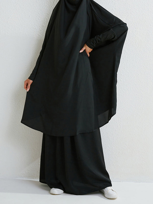 Solid Color Batwing Sleeves Long Sleeves Muslim High Neck Shirts Top + Skirts Bottom Two Pieces Set