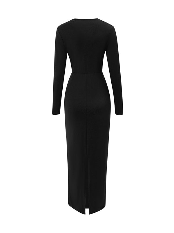 Bowknot Solid Color Bodycon Long Sleeves V-neck Maxi Dresses