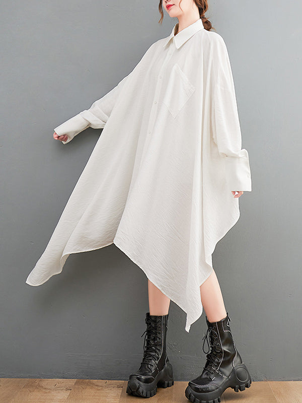 Asymmetric Buttoned Pockets Solid Color A-Line High-Low Lapel Shirt Dress Midi Dresses
